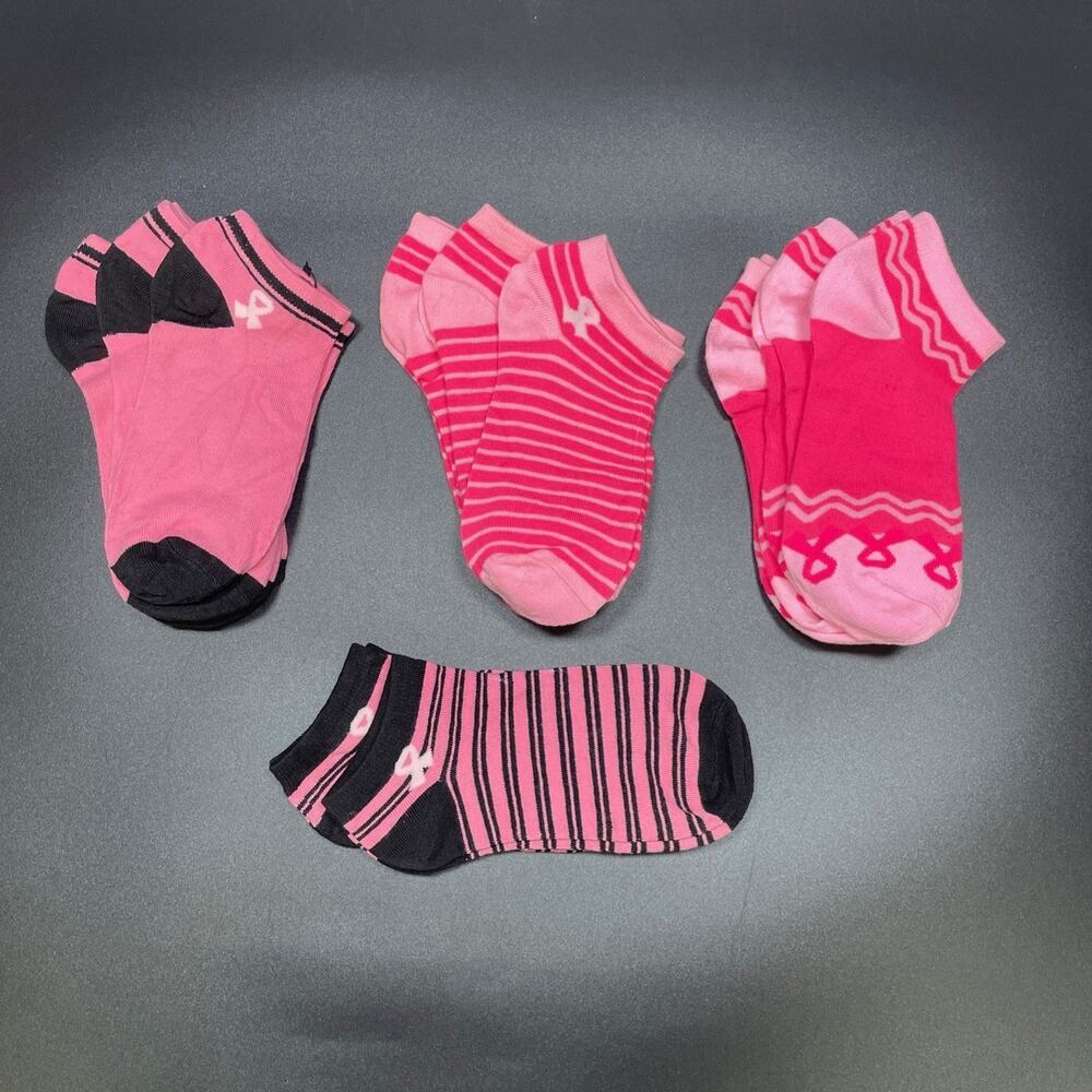 NWOT 11 Pairs Women's Ankle Socks Pink Breast Cancer Awareness Various Patterns